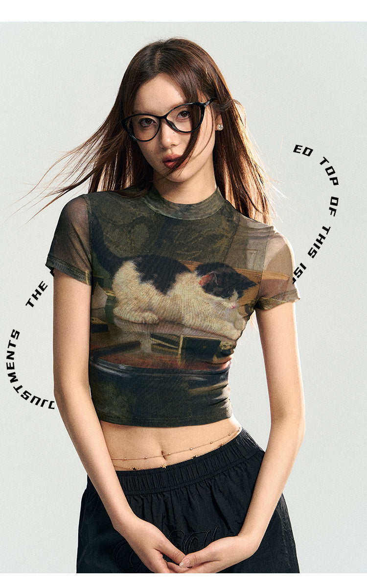 Kitten Print Stretch Mesh T-shirt Slim Fit Slimming Top