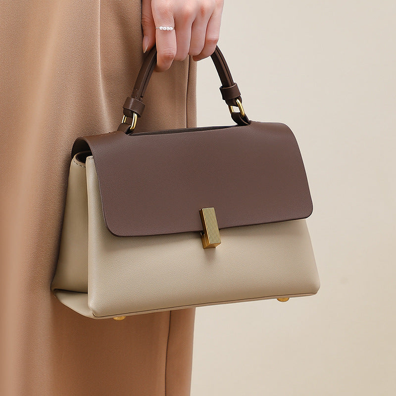 Structured Two-Tone Top-Handle Bag — First-Layer Cowhide Leather