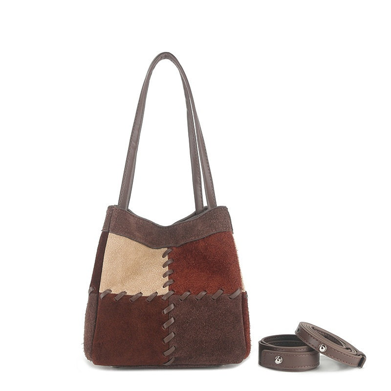 Patchwork Shoulder Bag in First-Layer Cowhide Leather