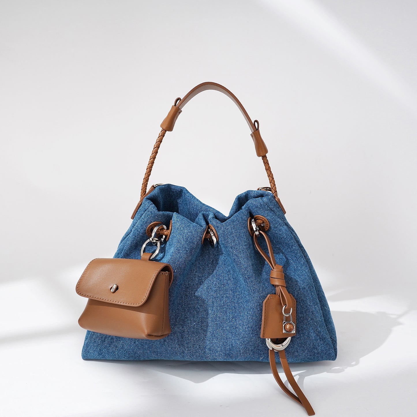 Denim & Cowhide Drawstring Form Bag
