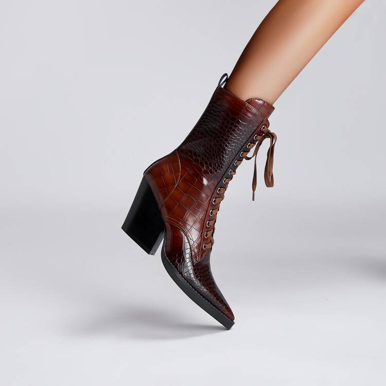 Retro Pointed Stone Pattern Chunky Heel Simple Lace High Heels Fashion Boots