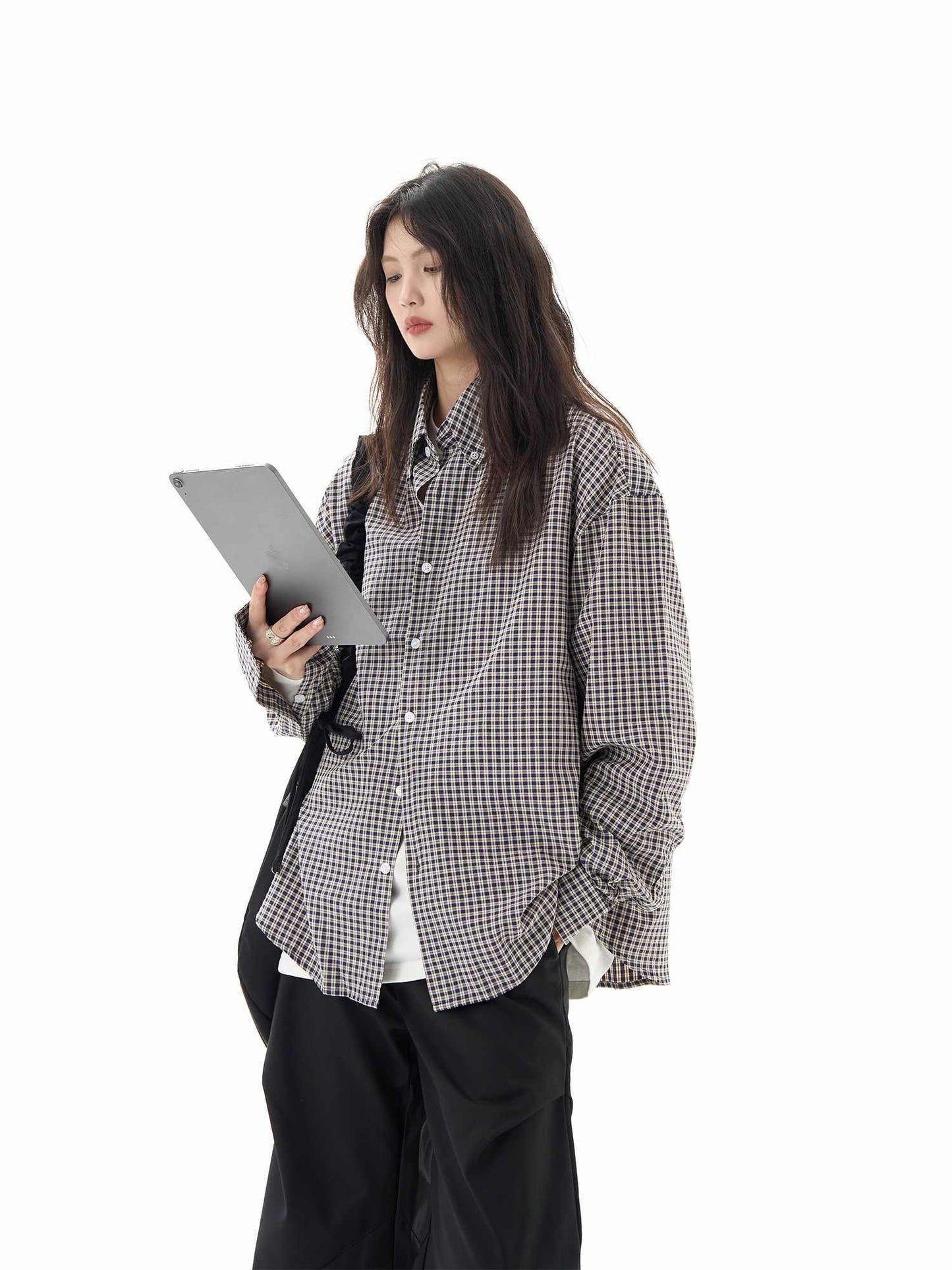 Black Plaid Shirt Long Sleeve Women Casual Loose Shirt Coat