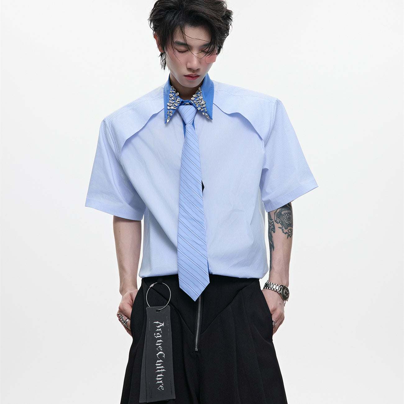 Men's Diamond Tie Dual-color Patchwork Striped Shirt