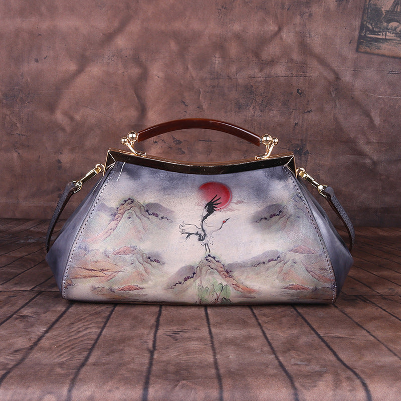 Hand-Painted Landscape Cowhide Top-Handle Bag