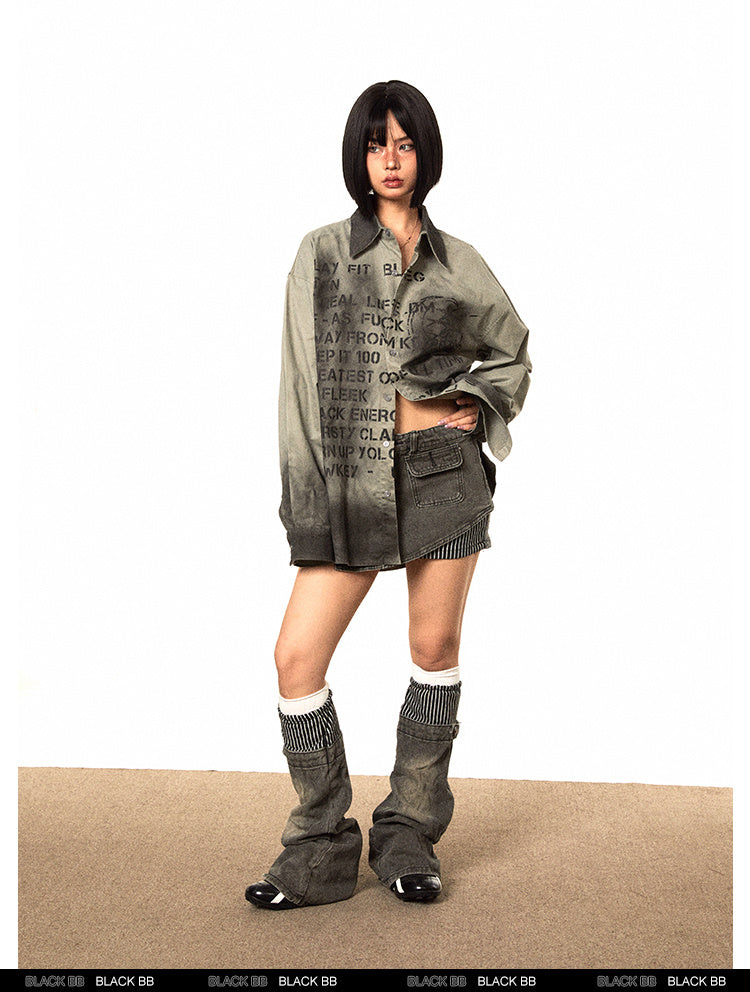 Letter Distressed Printed Long-sleeved Shirt Retro Gradient Loose Casual Women
