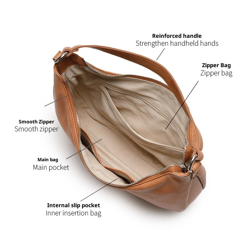 Soft-Curve Shoulder Bag in First-Layer Cowhide Leather