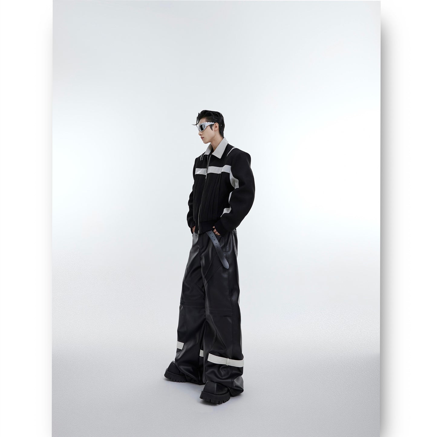 Bright PU Leather Patchwork Woolen Jacket