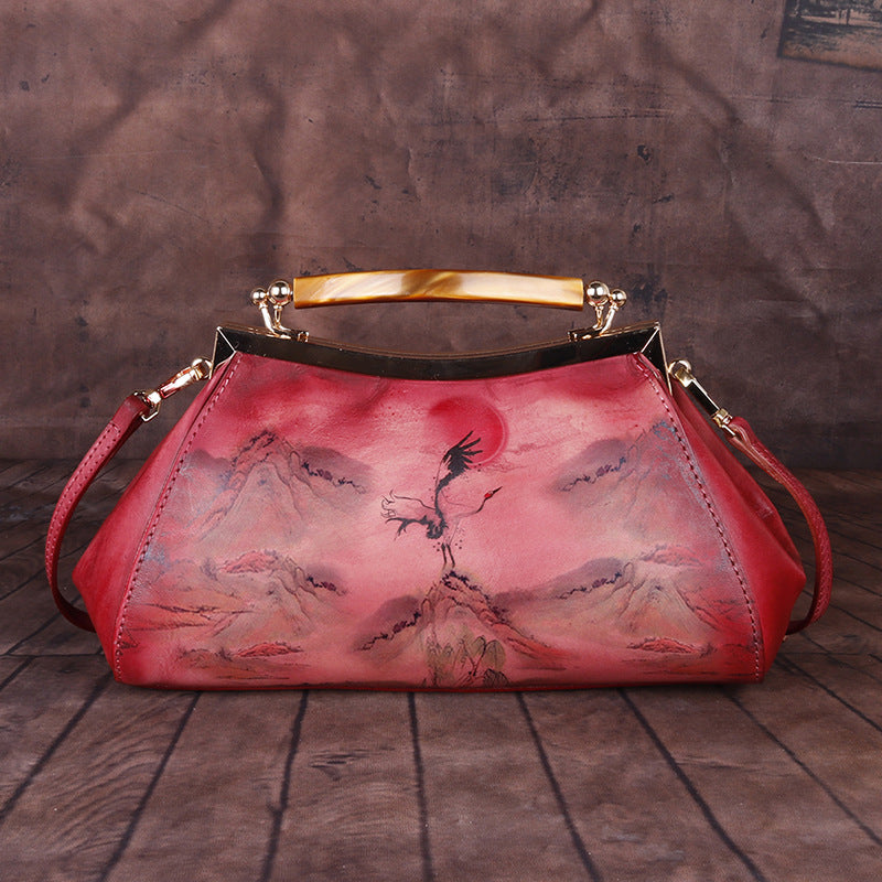 Hand-Painted Landscape Cowhide Top-Handle Bag