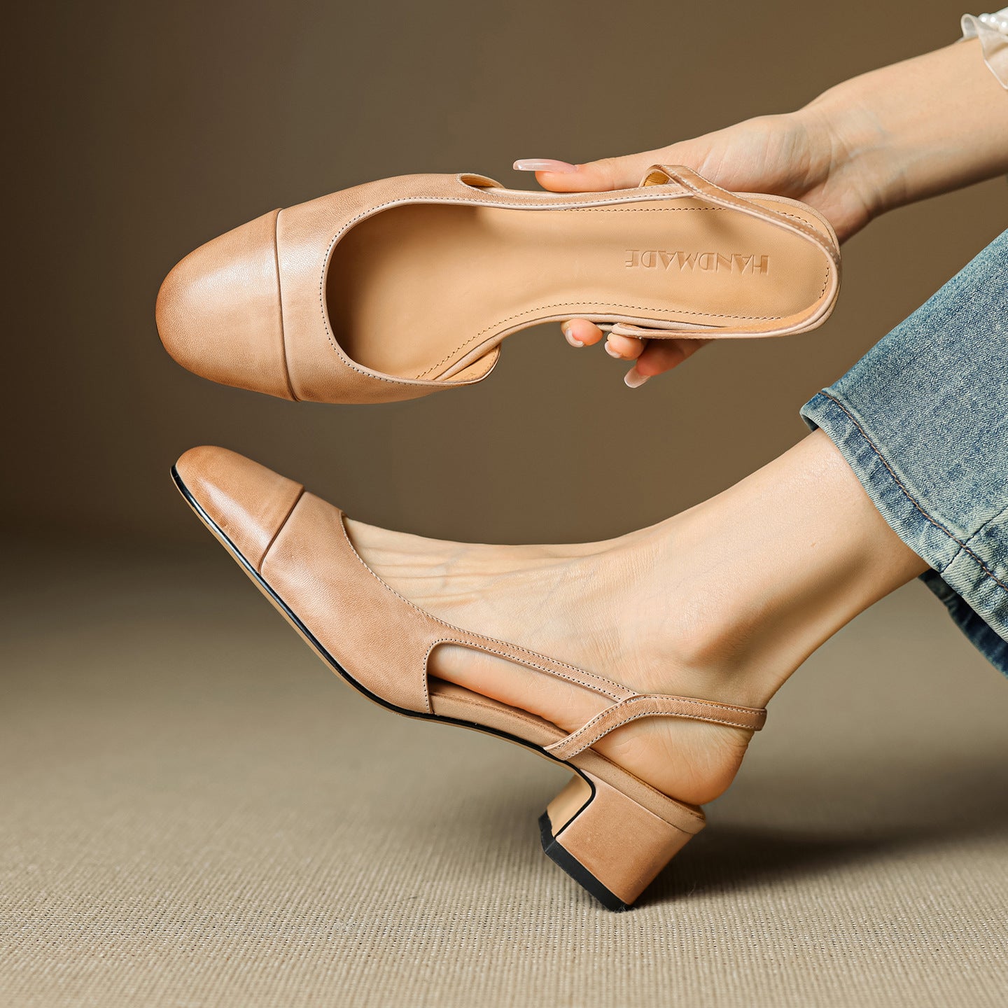Slingback Mid-Heel Shoe – First-Layer Cowhide with Pigskin Insole