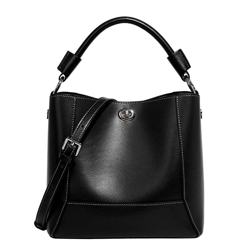 Structured Cowhide Bucket Bag with Turn-Lock Closure