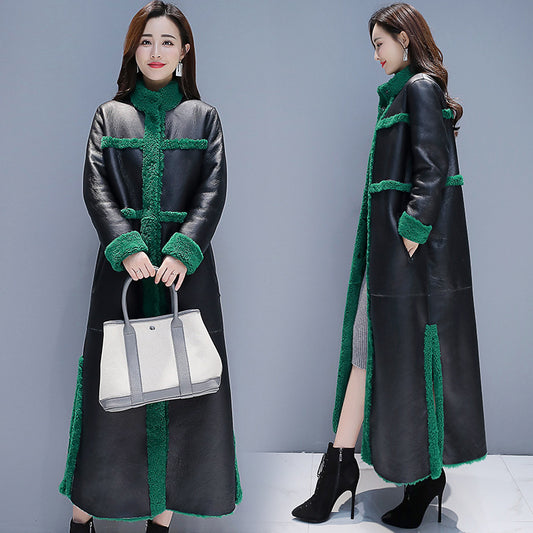 Women's Patchwork Goat Cake Fur And Leather Overcoat Coat