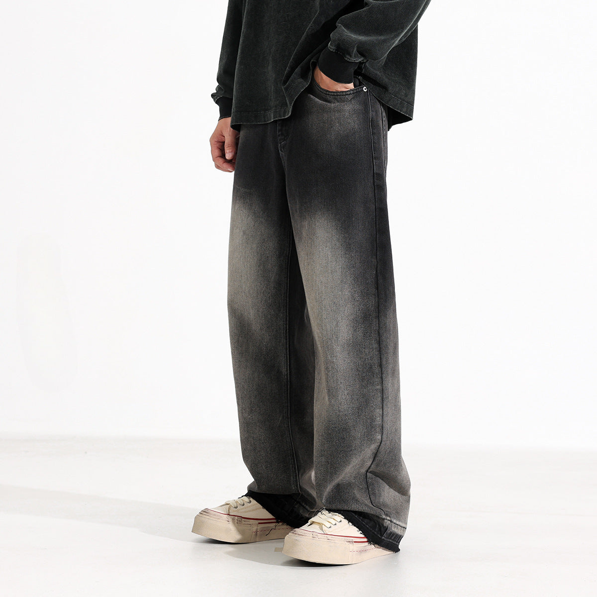 American-style Heavy Washed Black And Gray Straight Jeans Men's Loose Wide Leg Casual Trousers