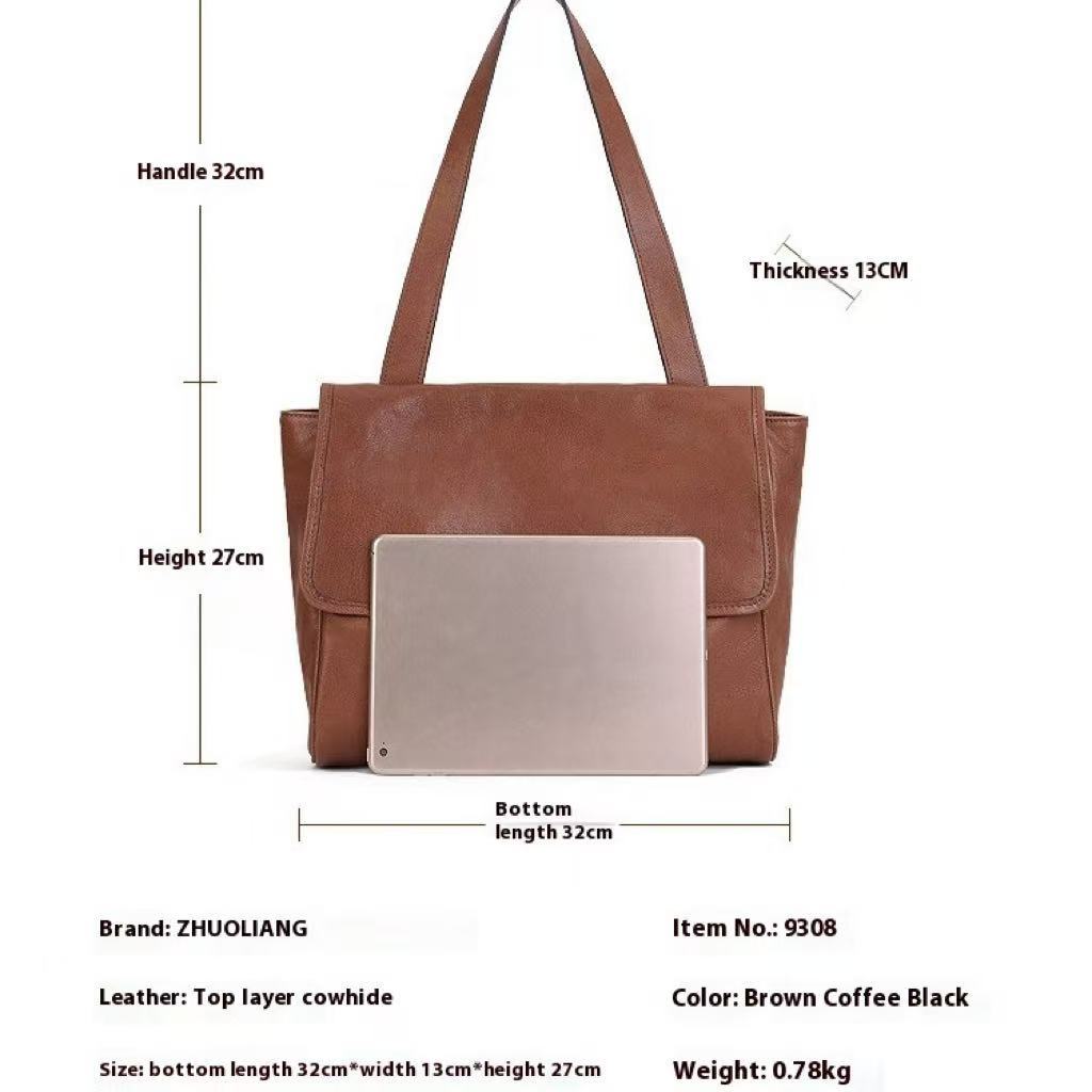 Solid Color Cowhide Tote Bag Simple Commute Shoulder Messenger Bag For Women