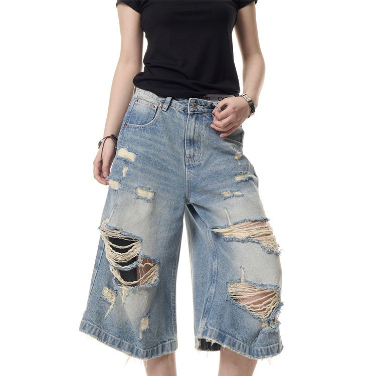Retro Worn Looking Washed-out Ripped Cat Beard Denim Shorts