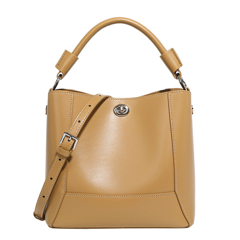 Structured Cowhide Bucket Bag with Turn-Lock Closure