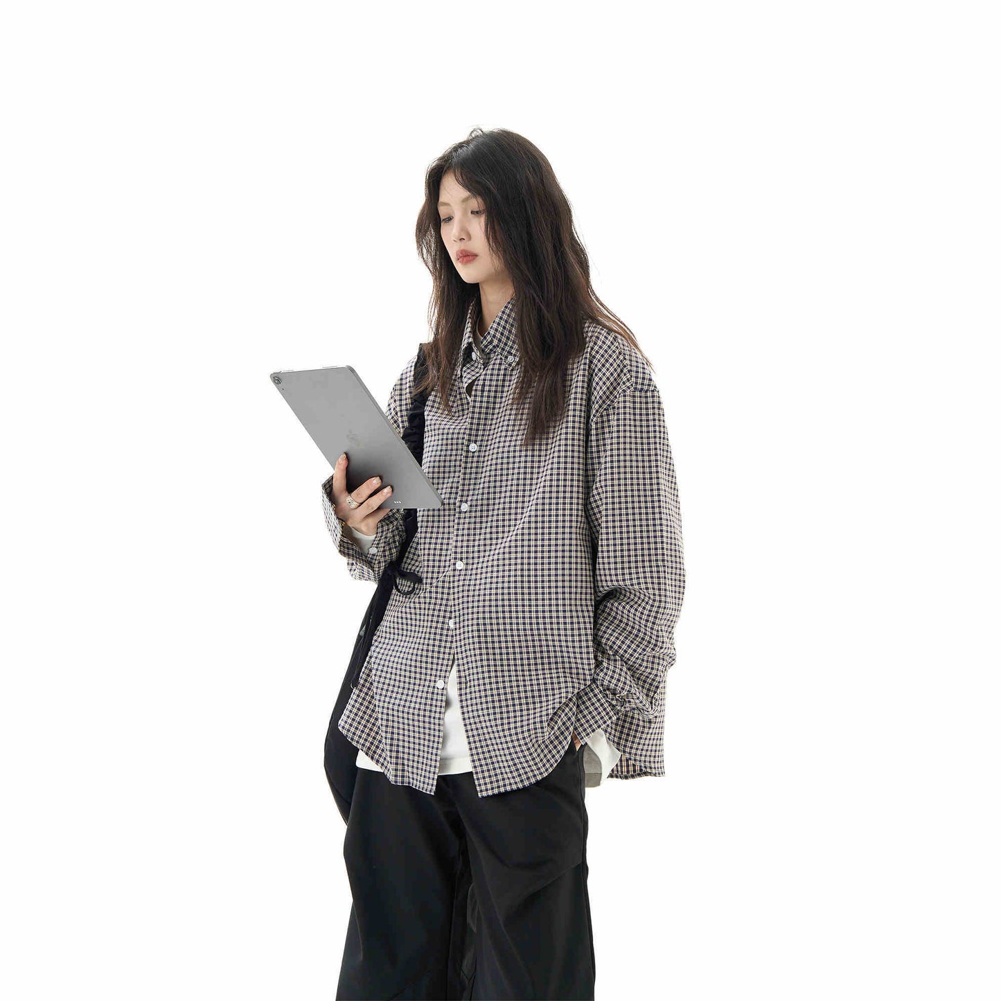 Black Plaid Shirt Long Sleeve Women Casual Loose Shirt Coat