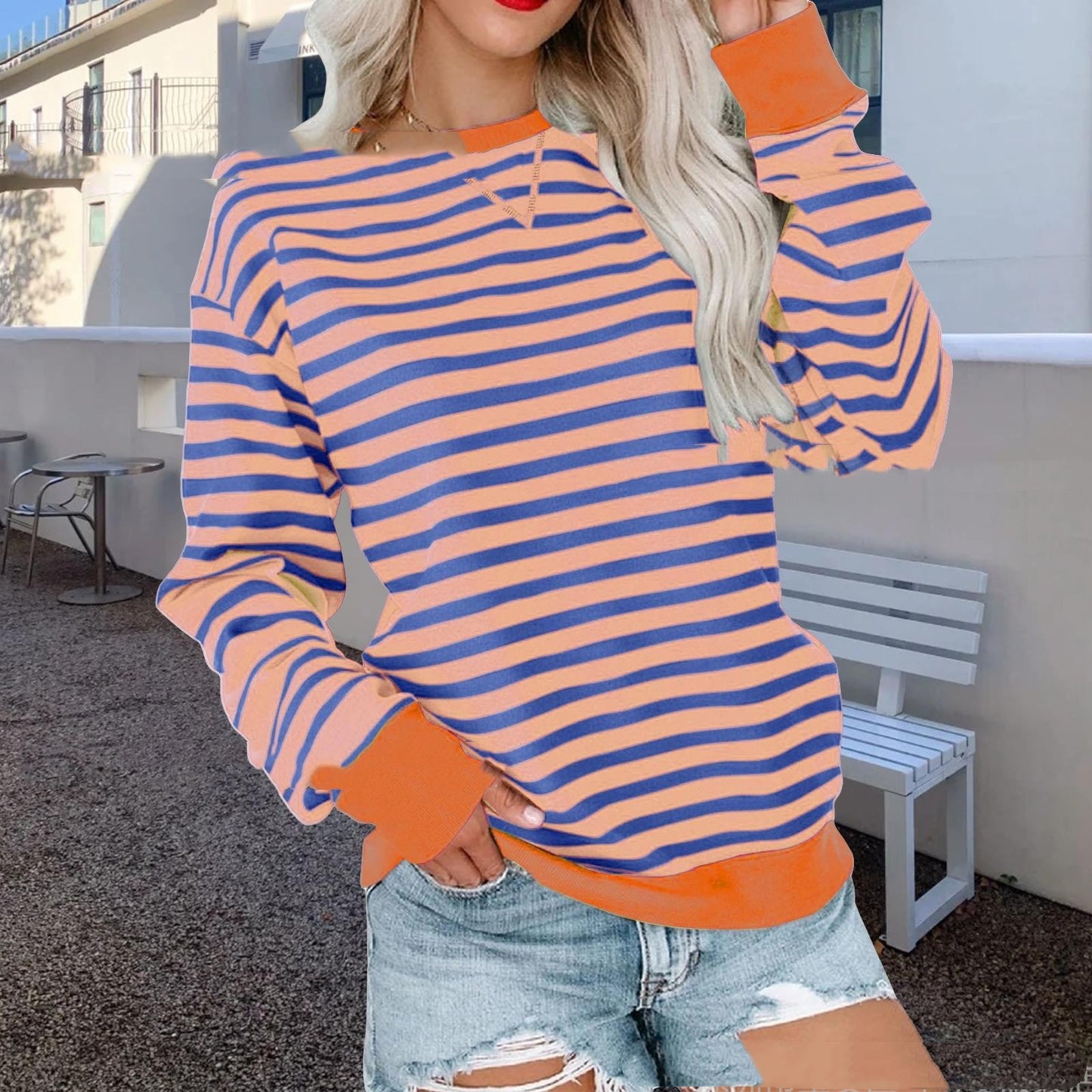 Striped Contrast Color Round Neck Trendy Long-sleeve