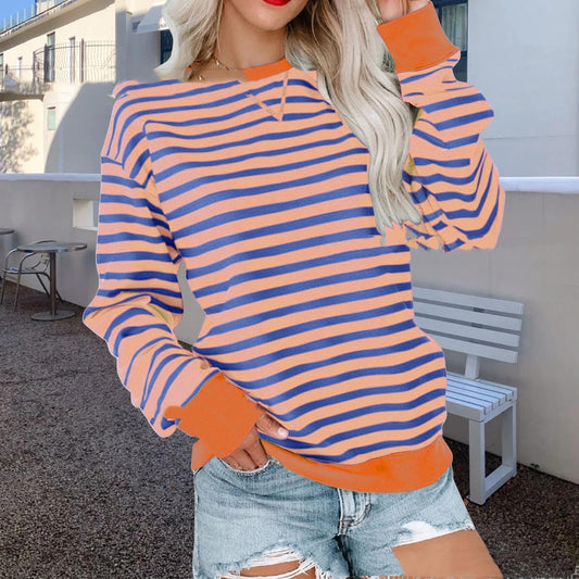 Striped Contrast Color Round Neck Trendy Long-sleeve