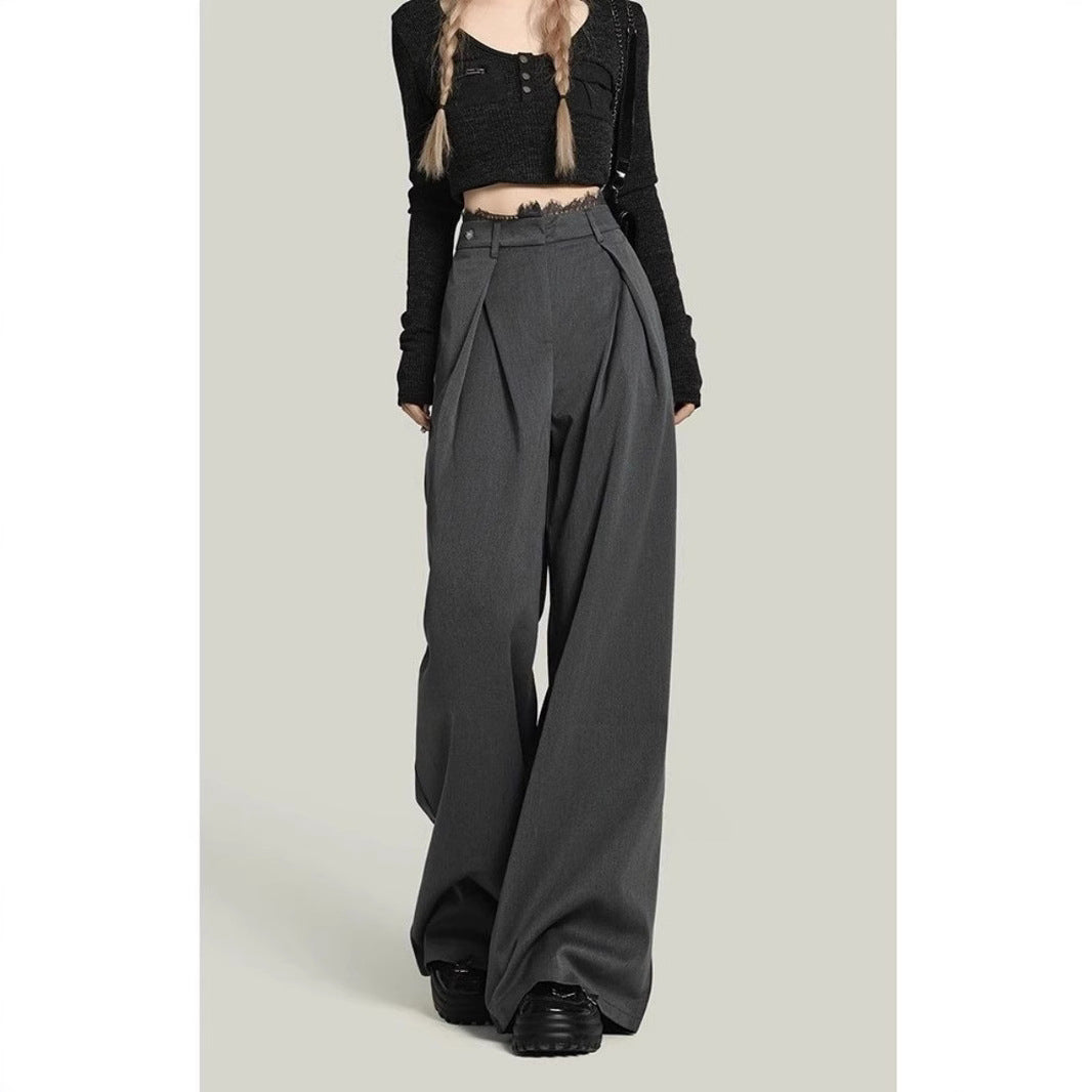 Black Lace Stitching Wide-leg Casual Pants Women