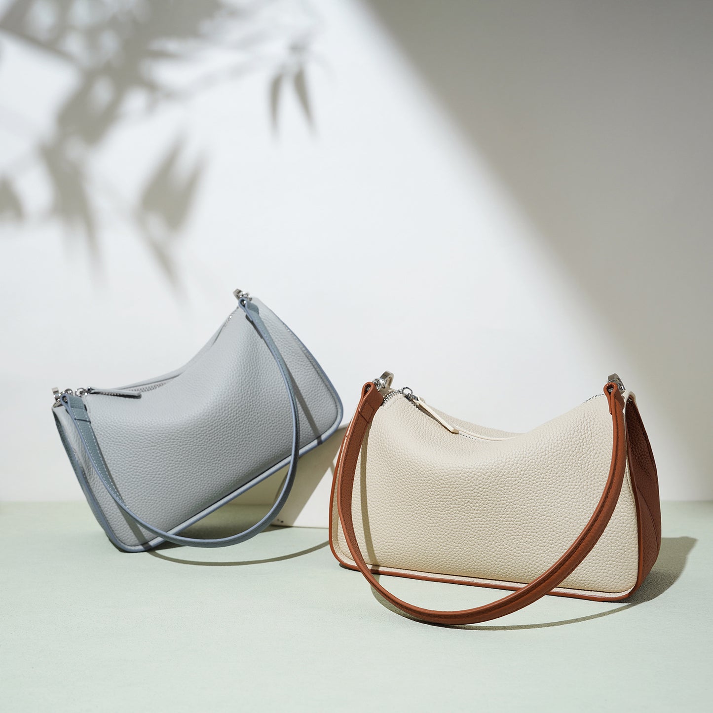Contrast-Trim Shoulder Bag in First-Layer Cowhide