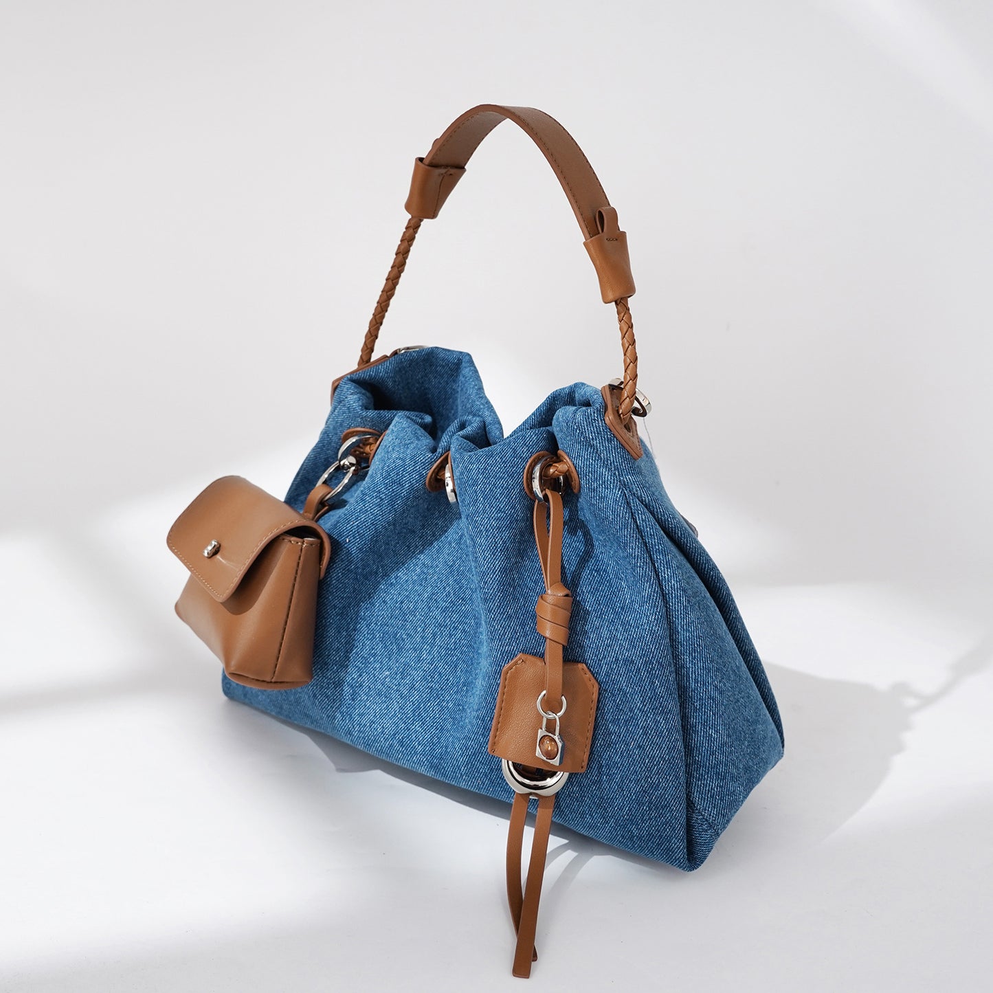 Denim & Cowhide Drawstring Form Bag