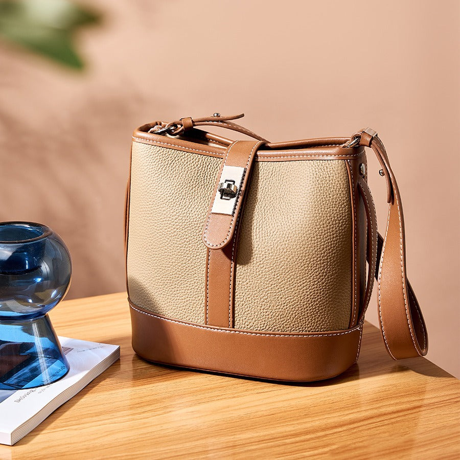 Two-Tone Structured Bucket Bag in First-Layer Cowhide