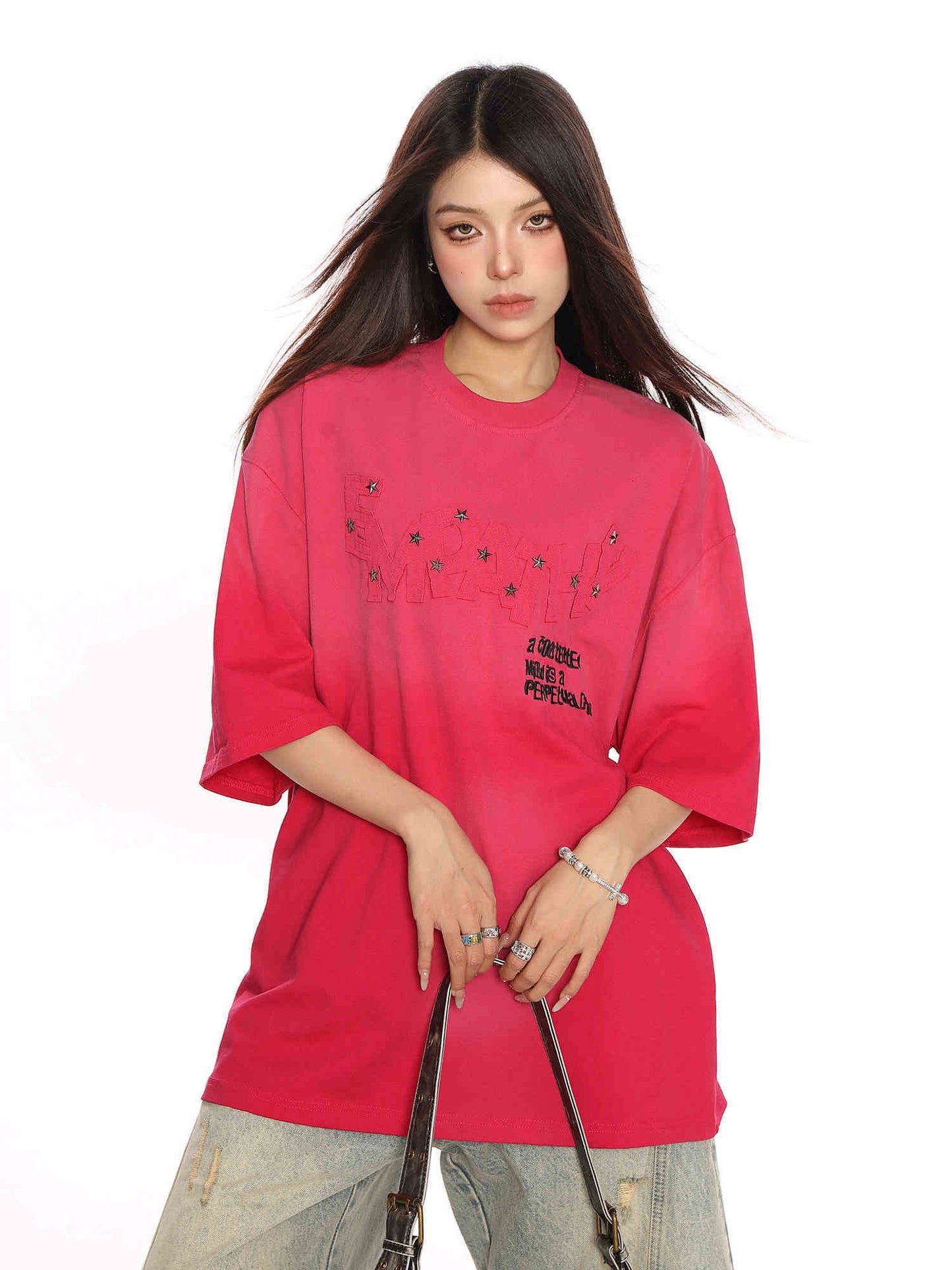 American Retro Distressed Gradient Rivet Letter Short Sleeve