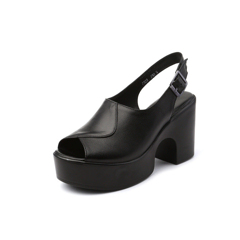 First-Layer Cowhide Platform Heel with Structured Block Base