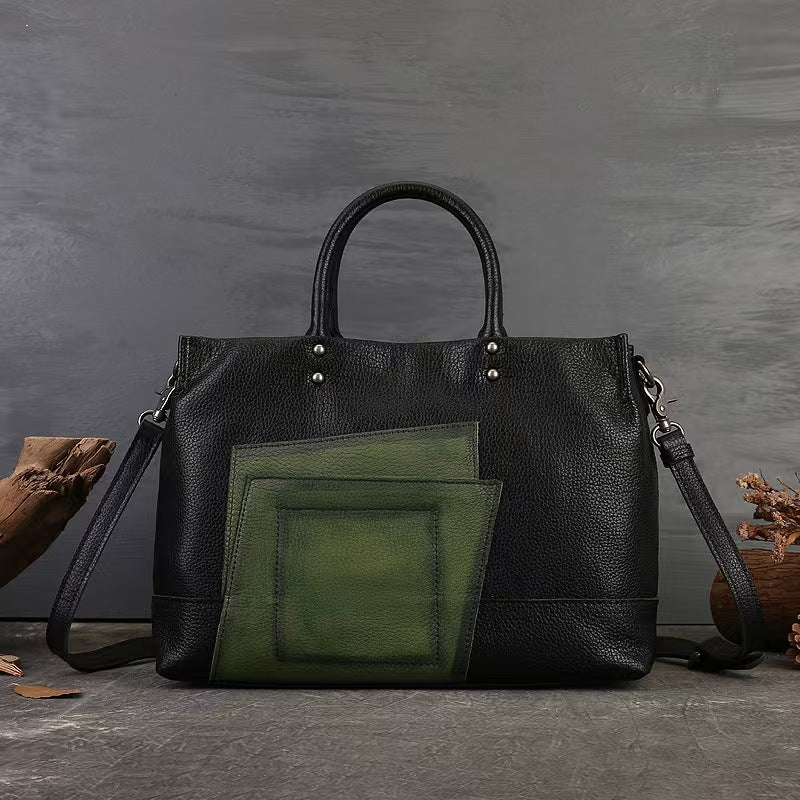 Structured Leather Tote with Layered Patch Detail