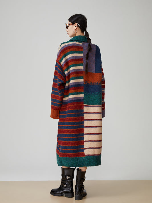 American Retro Color Stripes Long Sweater Coat Women