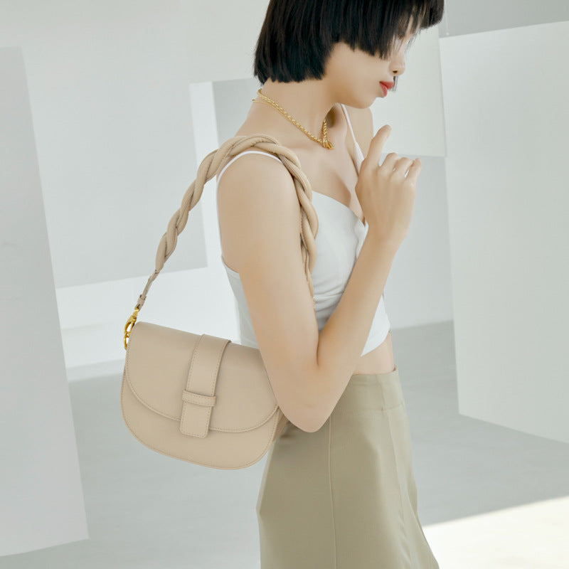 Structured Braided-Handle Flap Bag in Two-Layer Cowhide