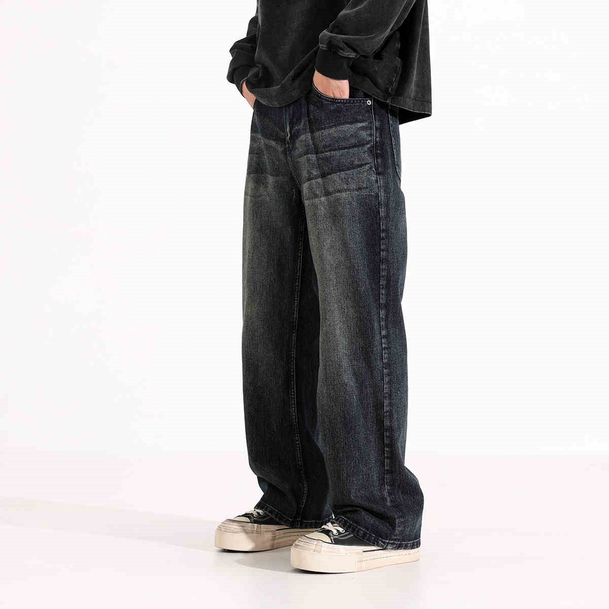Retro Straight Jeans Men's American Loose-fitting Wide-leg Trousers