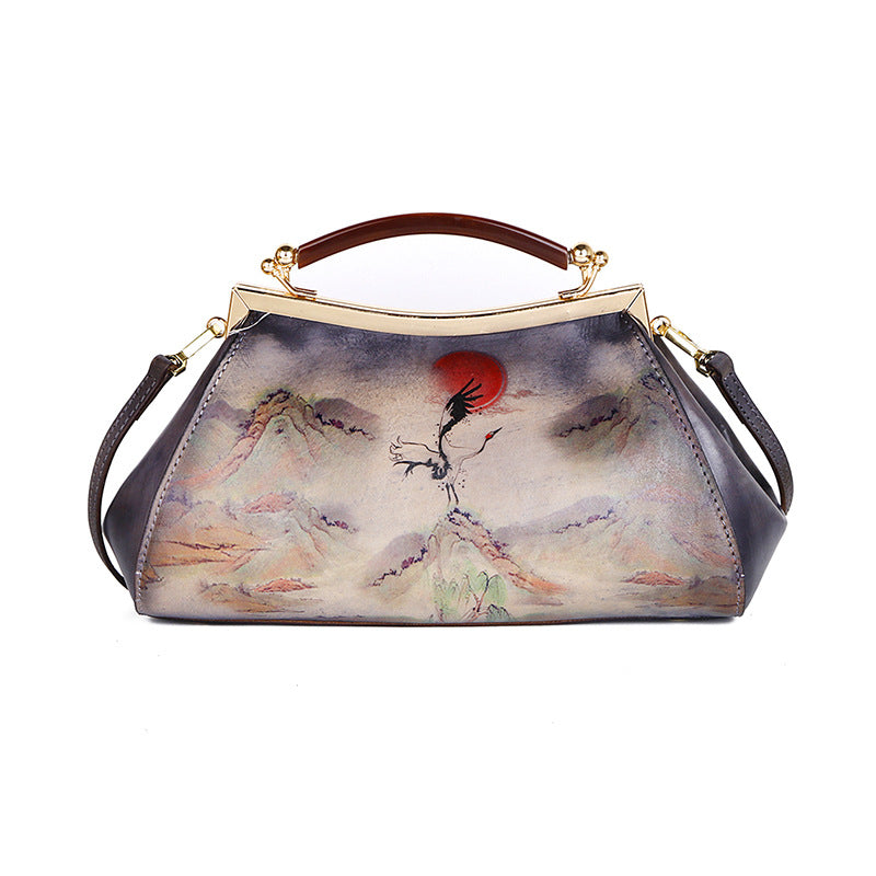 Hand-Painted Landscape Cowhide Top-Handle Bag