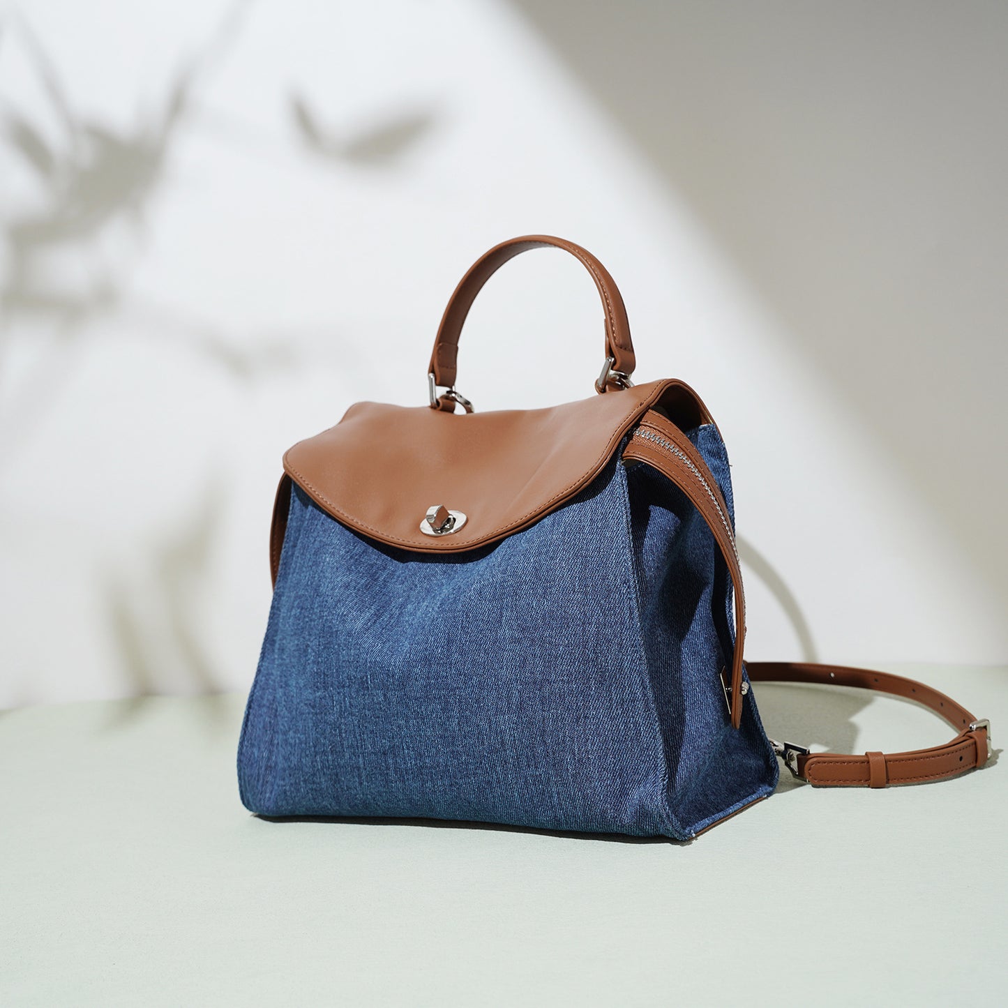 Denim–Leather Structured Carry Backpack