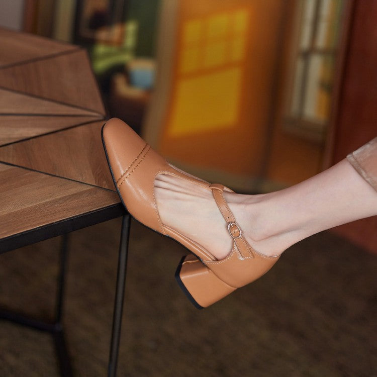 Genuine Leather T-Strap Block Heel — Everyday Structure Edition