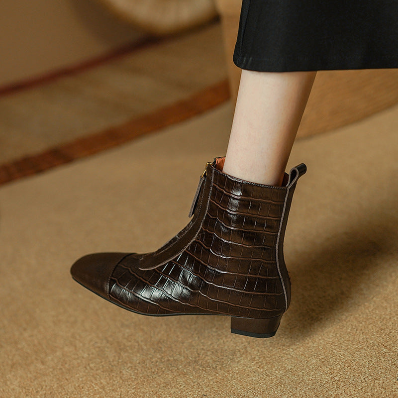 Retro Elegant Square Head Low Heel Zip Ankle Boots Women
