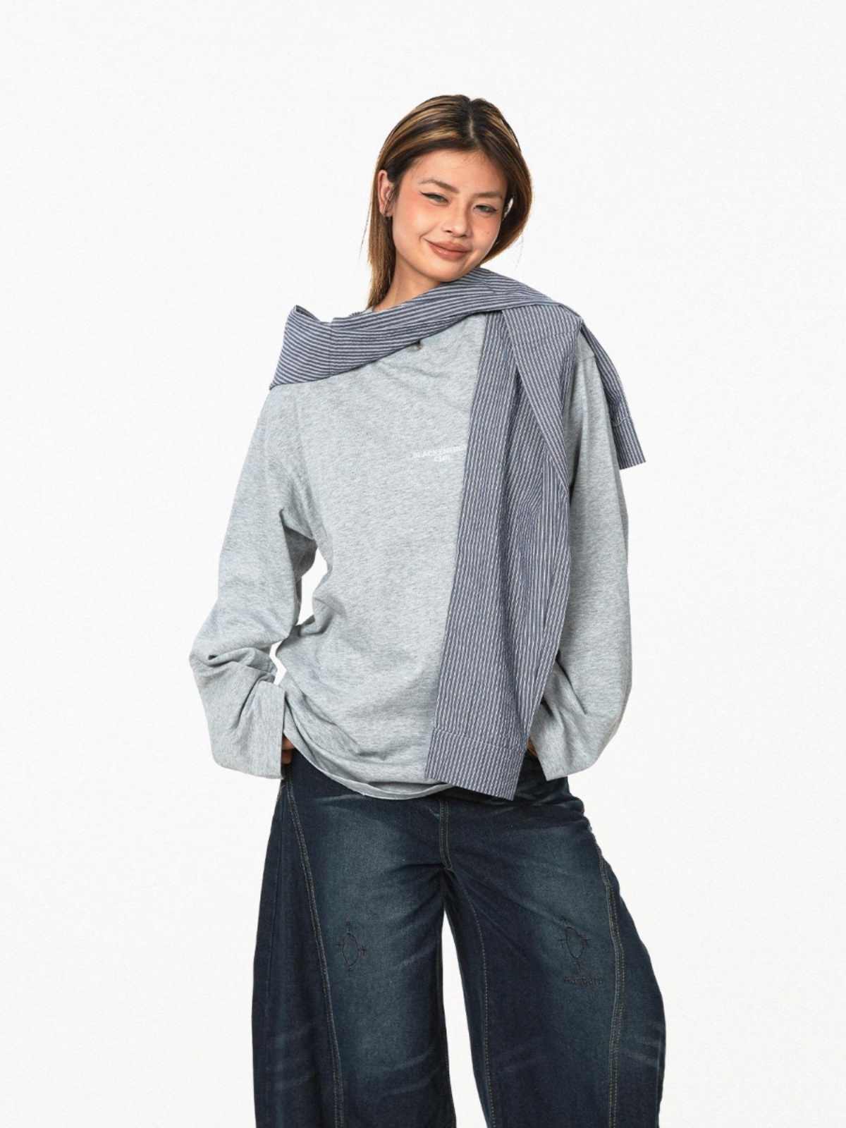 Retro Fake Two-piece Hooded Plaid Shawl Casual Long Sleeve T-shirt Top