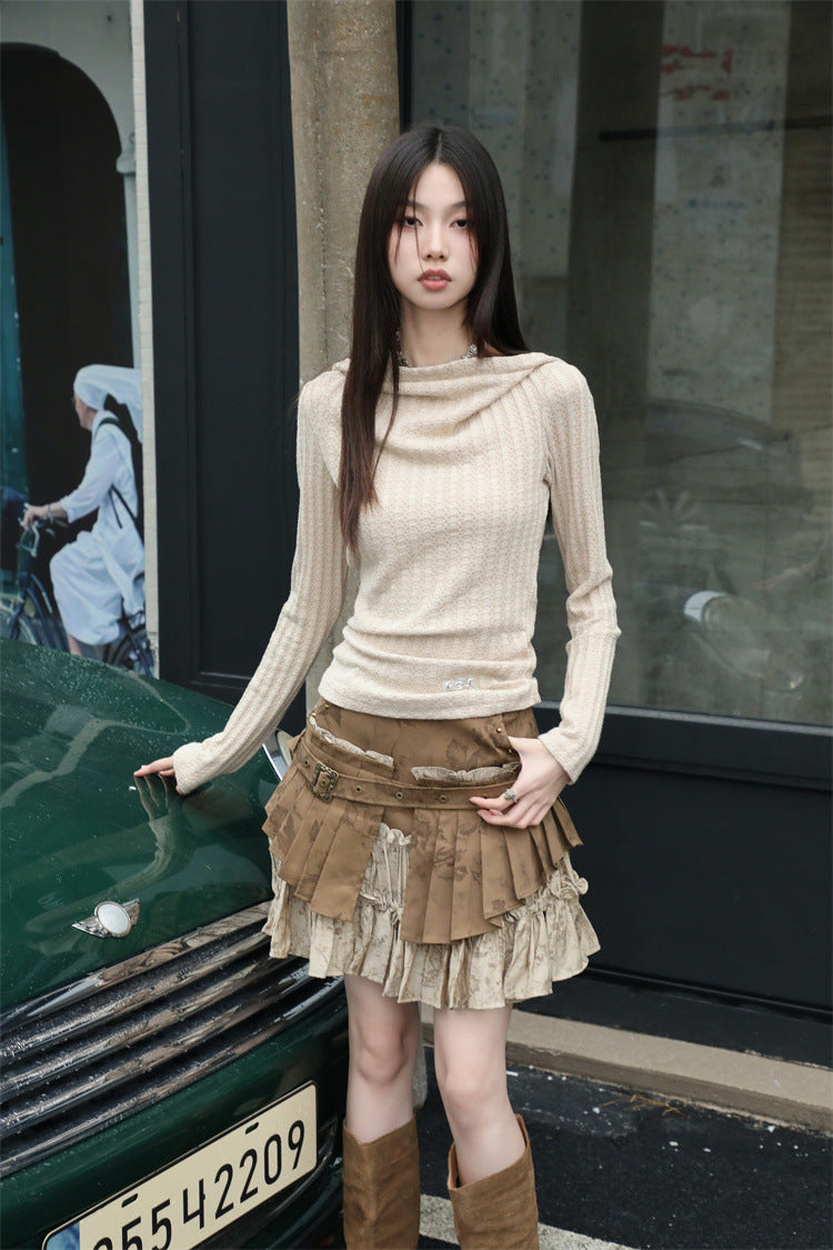 Retro Distressed Heavy Industry Fake Two-piece Pleated Skirt