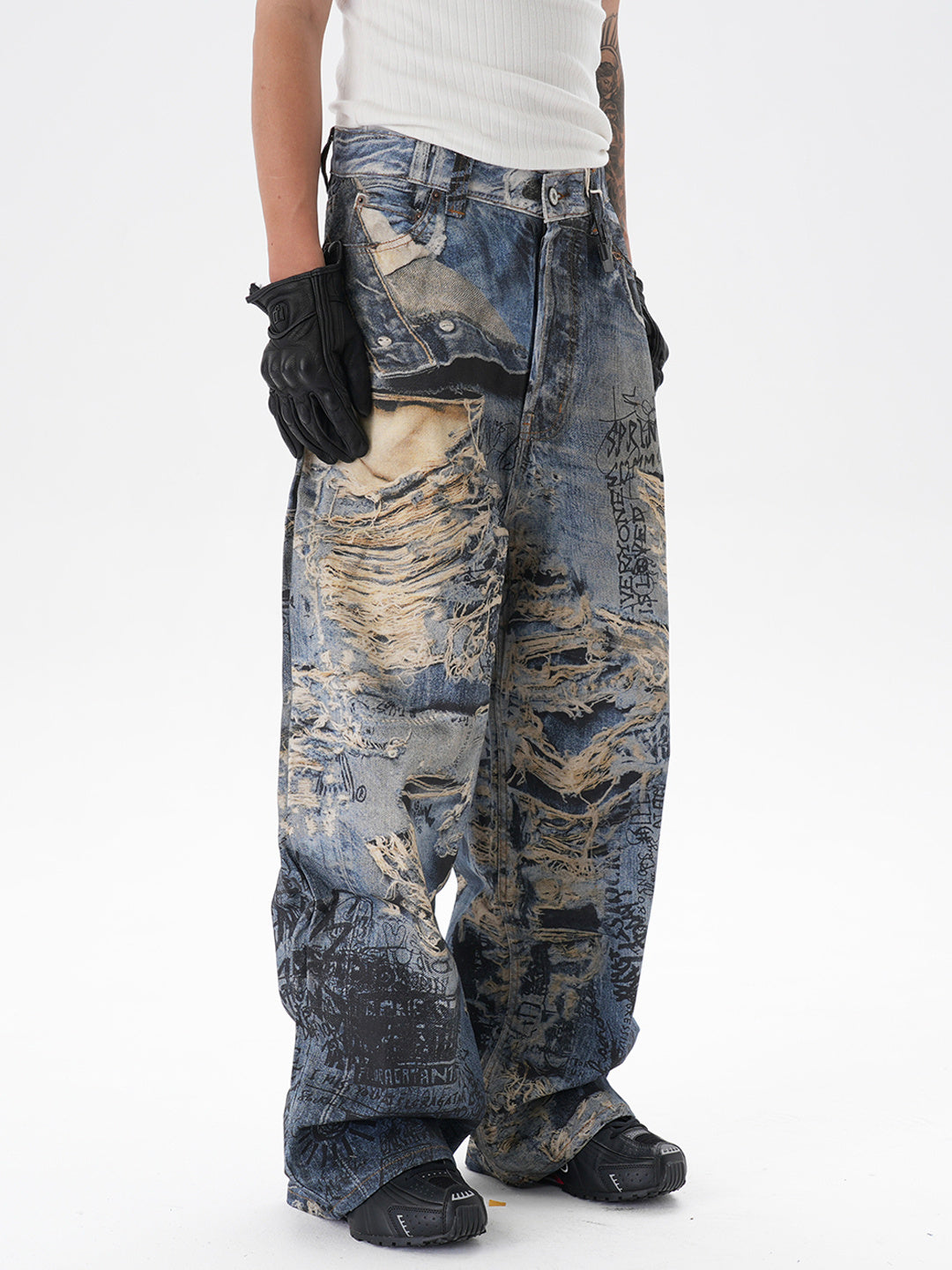 3D Digital Printing Ripped Graffiti Straight Jeans