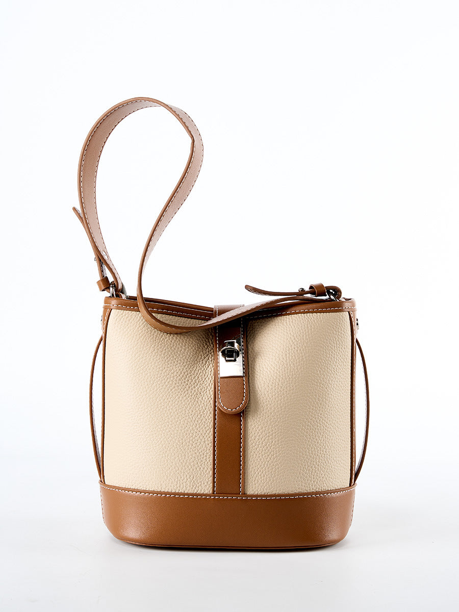 Two-Tone Structured Bucket Bag in First-Layer Cowhide