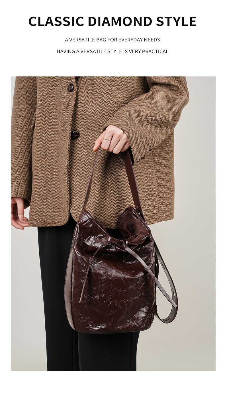 Crinkled Cowhide Bucket Shoulder Bag