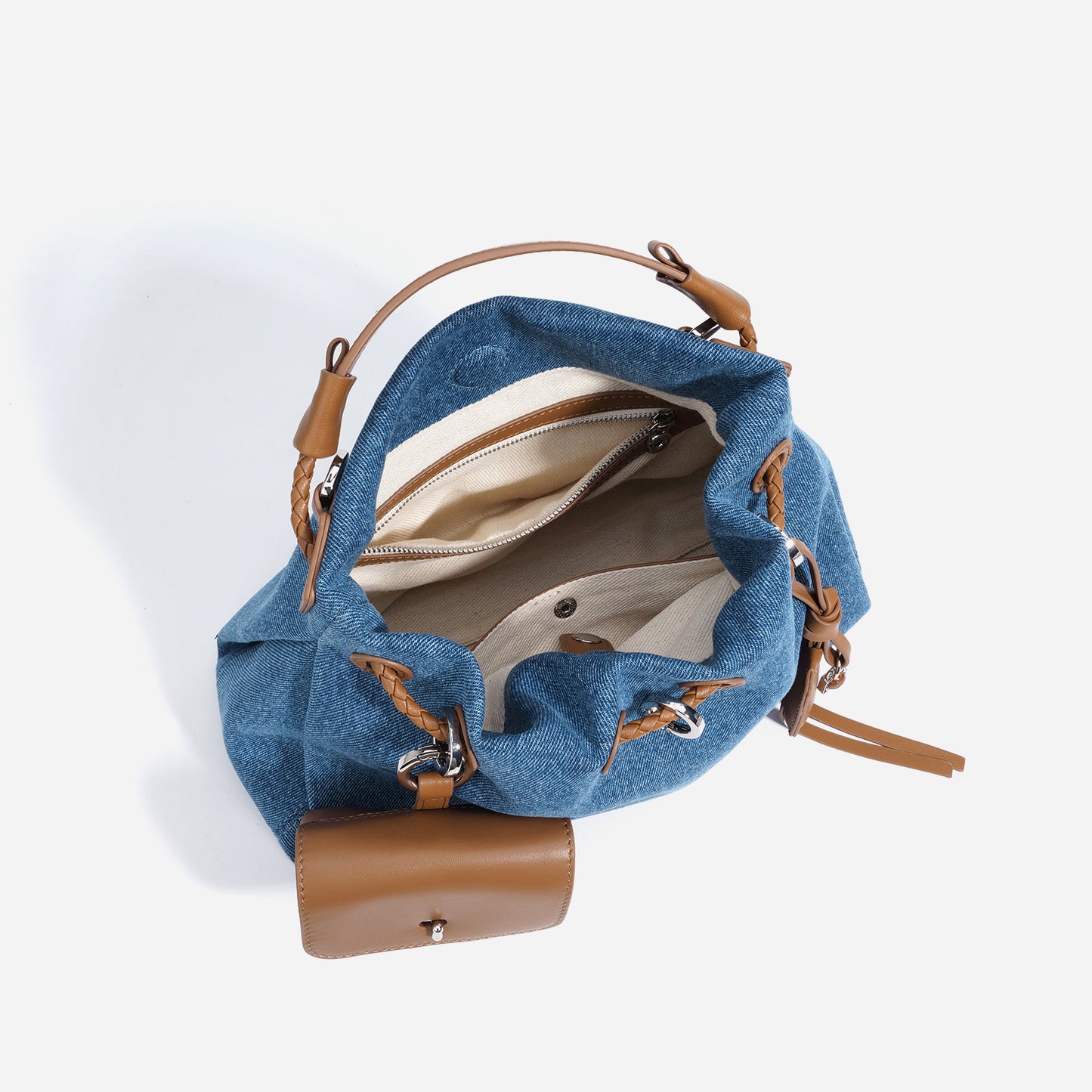 Denim & Cowhide Drawstring Form Bag
