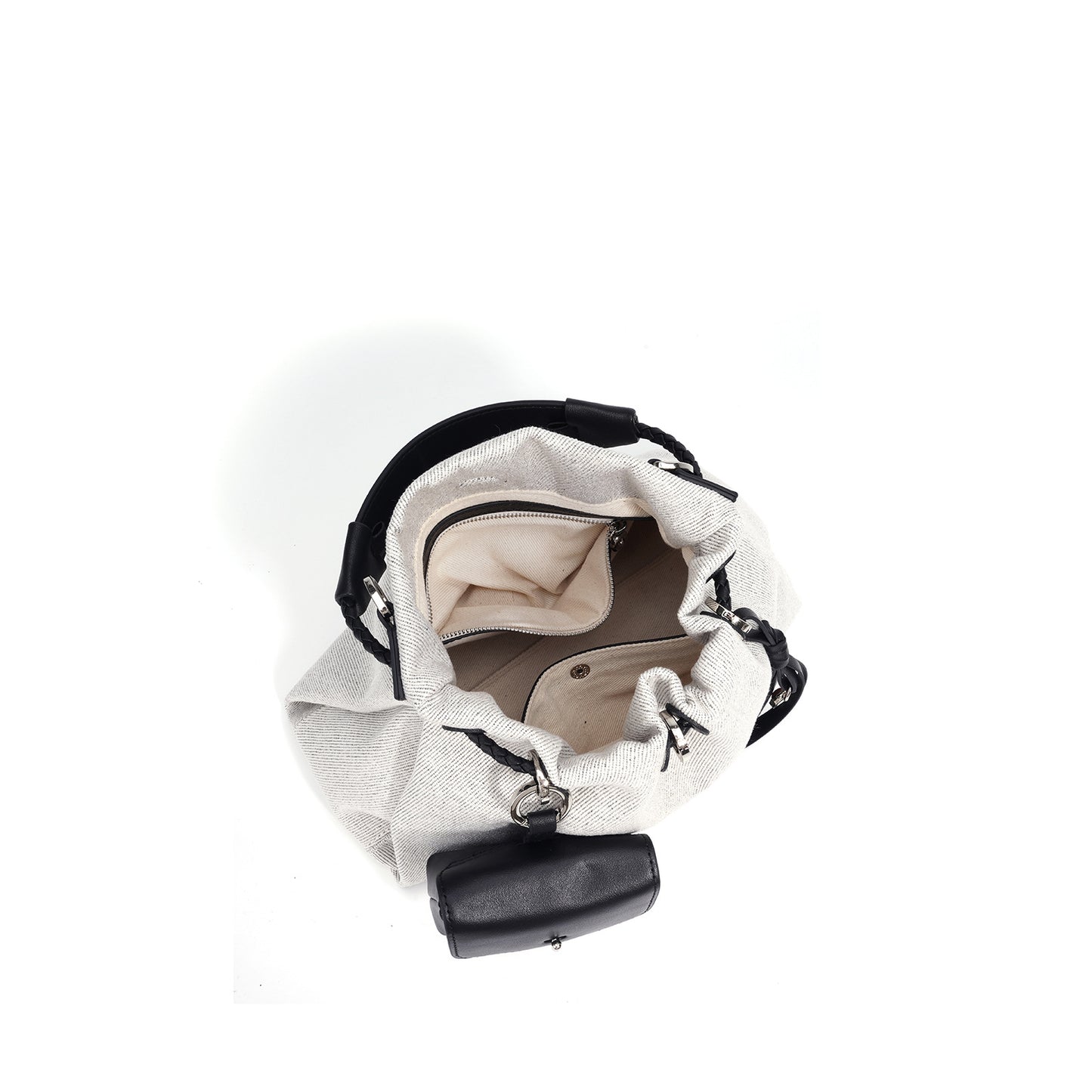 Canvas Drawstring Bucket Bag with First-Layer Cowhide Trim —