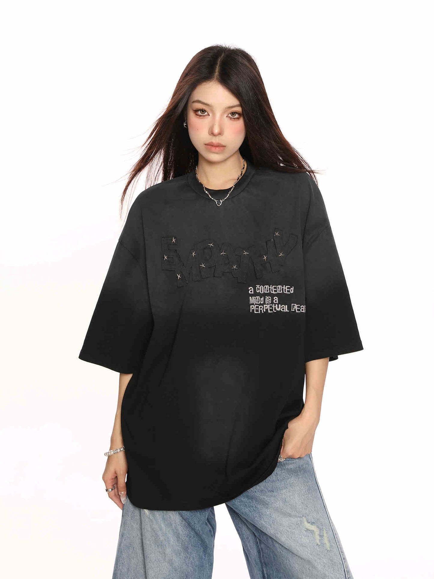 American Retro Distressed Gradient Rivet Letter Short Sleeve