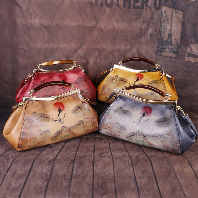 Hand-Painted Landscape Cowhide Top-Handle Bag