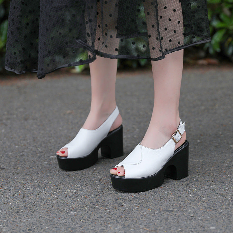 First-Layer Cowhide Platform Heel with Structured Block Base