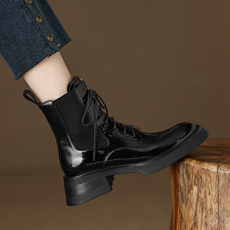 Gloss-Finish Cowhide Lace-Up Ankle Boots