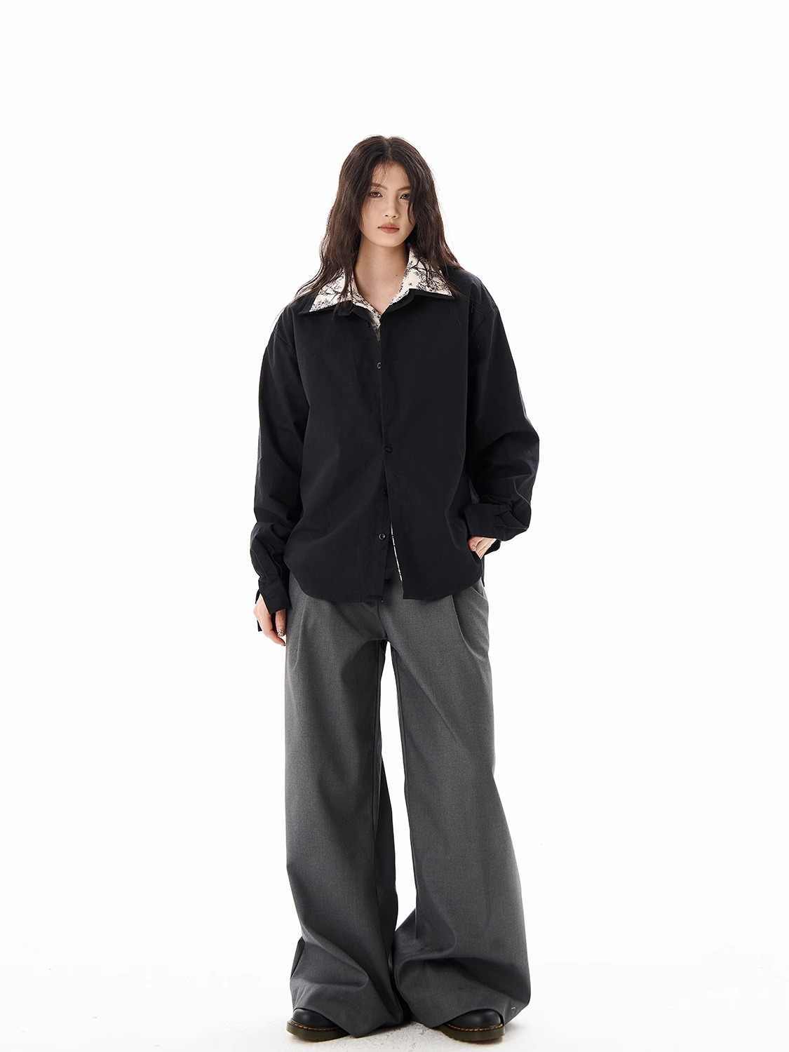 Lapel Floral False Two-piece Patchwork Loose White Long Sleeve Shirt Coat