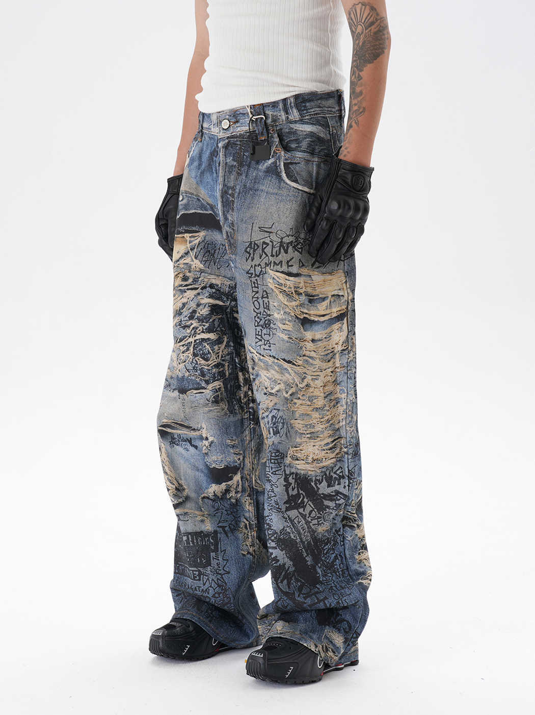 3D Digital Printing Ripped Graffiti Straight Jeans