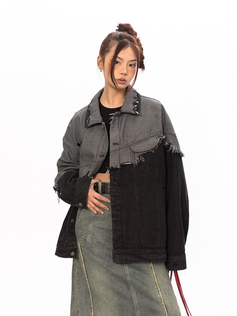 Stitching Design Contrast Color Damage Denim Coat